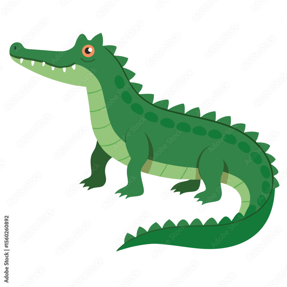 Naklejka premium Cartoon crocodile. Reptile green alligator . Suitable for educational poster, logo, children's books and encyclopedias. Isolated vector illustration on white background. Side view