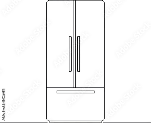 Modern refrigerator vector line art with double doors and bottom freezer design appliance illustration