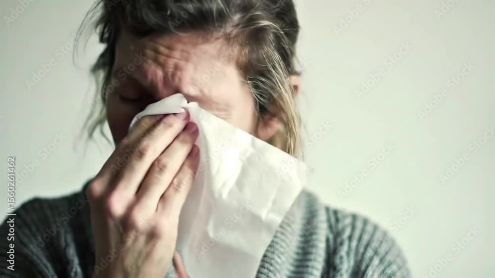 A woman looking unwell, using a tissue to blow her nose, clearly suffering from flu, a cold, or allergies A woman looking unwell, using a tissue to blow her nose, clearly suffering from flu, a cold, or allergies