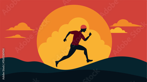 A silhouette of a person running towards a bright sunset symbolizing the importance of physical exercise on brain health and reducing the risk of agerelated diseases.. Vector illustration
