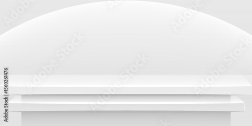 plank table white grey color on wall room background, white gray backdrop, copy space for advertise product display, table plank in front view. vector dynamic room and studio