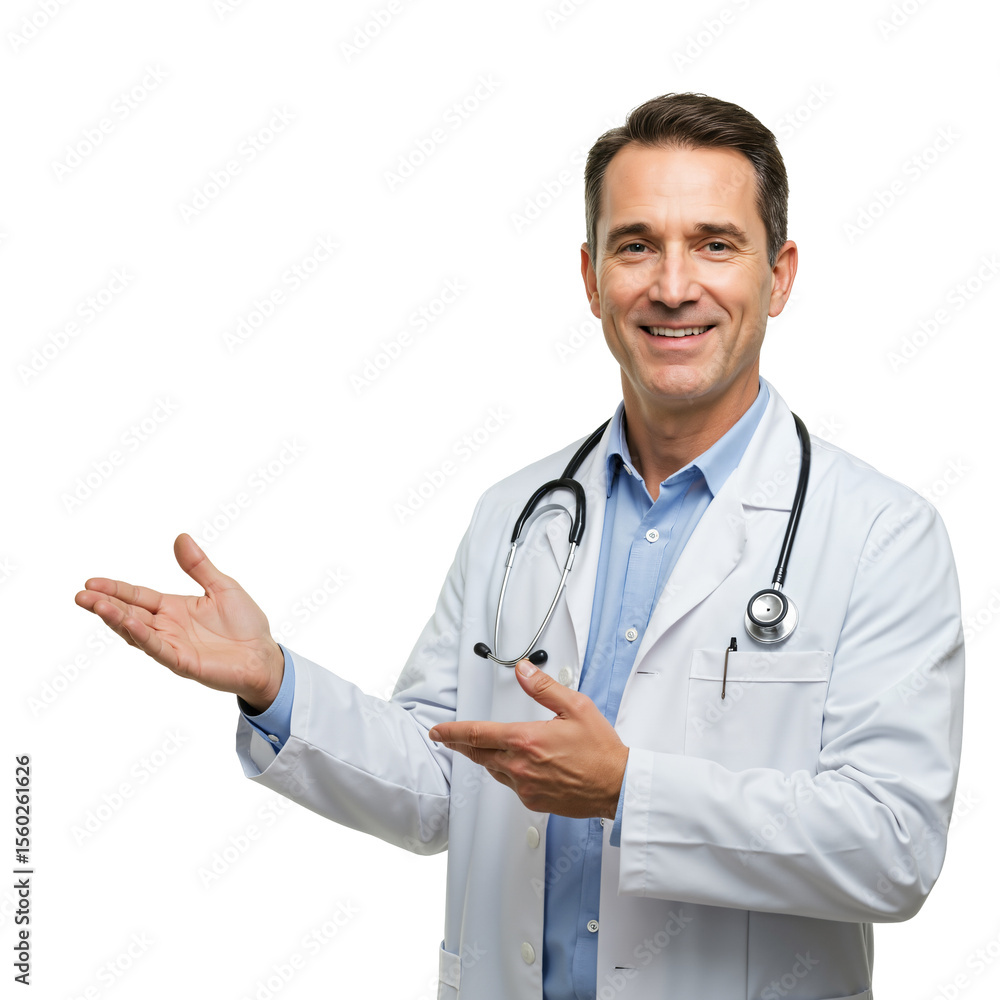 Smiling Middle-Aged Male Doctor in White Lab Coat with Stethoscope, Offering a Welcoming Gesture, Standing in Front of a Black Background Smiling Middle-Aged Male Doctor in White Lab Coat with Stethoscope, Offering a Welcoming Gesture, Standing in Front of a Black Background