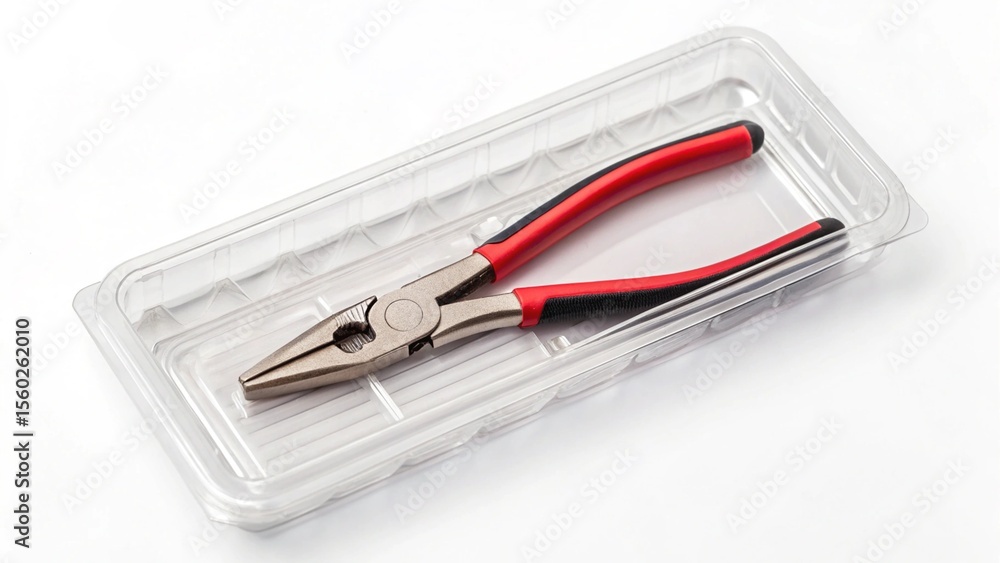 High-angle view of vibrant red-handled pliers sealed in transparent blister packaging, isolated on a bright white surface. Perfect for showcasing fresh merchandise High-angle view of vibrant red-handled pliers sealed in transparent blister packaging, isolated on a bright white surface. Perfect for showcasing fresh merchandise