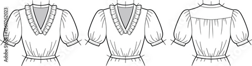 Fashion flat sketch of women’s puff sleeve top with V-neck ruffle detail, fitted waist, back yoke, front and back view flat vector illustration