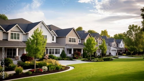 Row of well-maintained suburban houses with lush green lawns and manicured gardens under a partly cloudy sky during daytime
