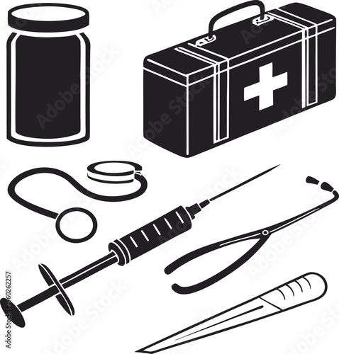 Medical kit stethoscope syringe forceps dropper and pill bottle first aid