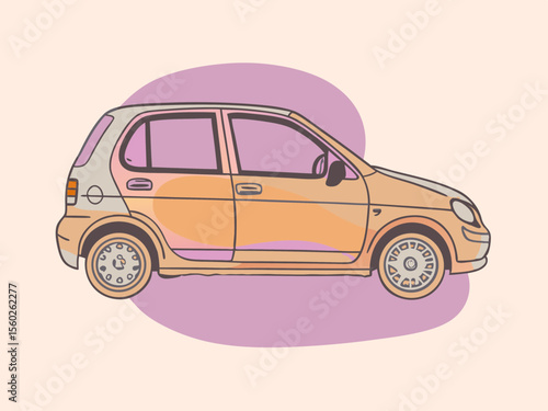 Stylized Illustration of a Compact Car in Peach and Gray with a Purple Backdrop Minimalist Design