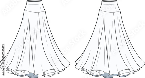 Front and back view of elegant long flowy skirt, fashion flat sketch, high waist design, garment illustration, clothing template, vector flat vector illustration