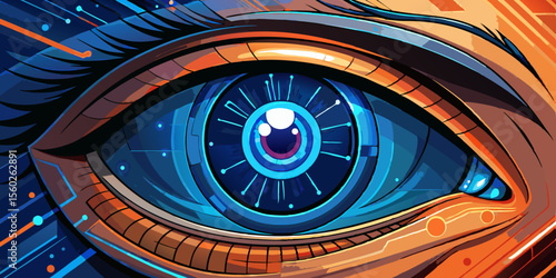 Futuristic Eye with Cybernetic Enhancements and Vibrant Blue and Orange Tones Depicting Technological Advancement and Artificial Intelligence