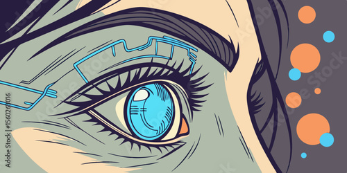 Futuristic Female Gaze A Close Up of a Cybernetic Eye with Intricate Circuitry and Vibrant Blue Iris Set Against an Abstract Background