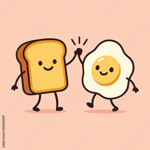 Happy Toast and Egg High Five Cute Minimalist Vector Art with Kawaii Faces and Vibrant Pastel Background