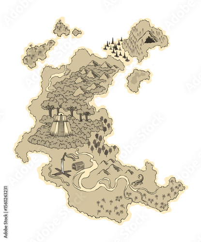 Old antique treasure map. Cartoon island map template for next level game - adventures quest or treasure hunt. Pirate grunge map. Hand drawn vintage vector illustration