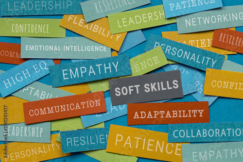 Soft skills concept with words written on papers -  empathy, personality, confidence, adaptability,  collaboration, patience, communication