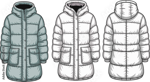 Front, back, and side view of padded winter puffer jacket with hood, fashion technical drawing, outerwear coat design template illustration flat vector illustration