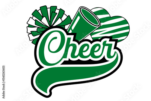 Cheerleader illustration, Green and White pom-poms, megaphone and a heart with Cheer Word. Vector cheerleading illustration.
