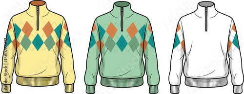Men’s argyle knit pullover sweater flat sketch, zipper collar design, front view, fashion technical drawing, winter apparel illustration flat vector illustration