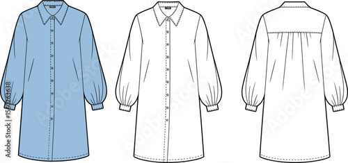  Long sleeve shirt dress with balloon sleeves, front buttons, pointed collar, gathered back yoke, flat sketch, fashion technical drawing.flat vector illustration