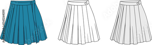  Technical flat sketch of pleated mini skirt for women, front view, high waist design, fashion illustration, vector apparel templateflat vector illustration