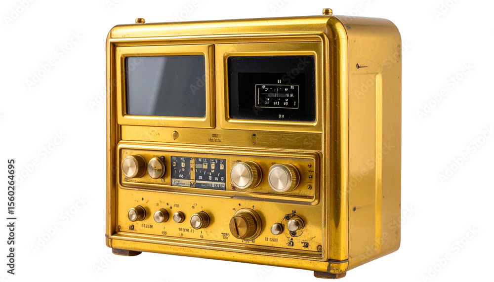 Fototapeta premium Vintage, portable, electronic device. Features a golden exterior, showing some signs of age 