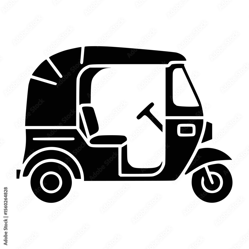 Fototapeta premium Simple black and white illustration of a three-wheeled auto-rickshaw.