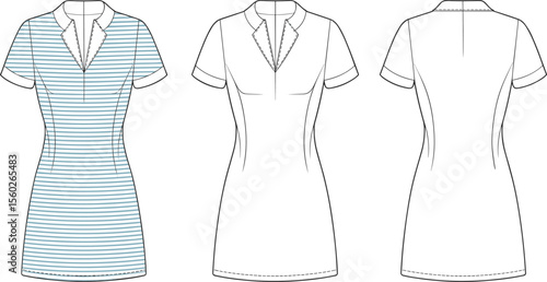 Women's polo collar mini dress flat sketch, striped short sleeve casual style front and back technical fashion design vector illustration. flat vector illustration