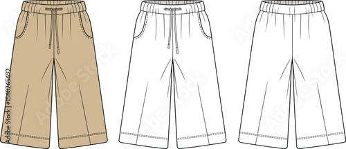  Women's wide leg sweatpants fashion flat sketch, casual loungewear with drawstring waist and pockets, front and back vector view.flat vector illustration