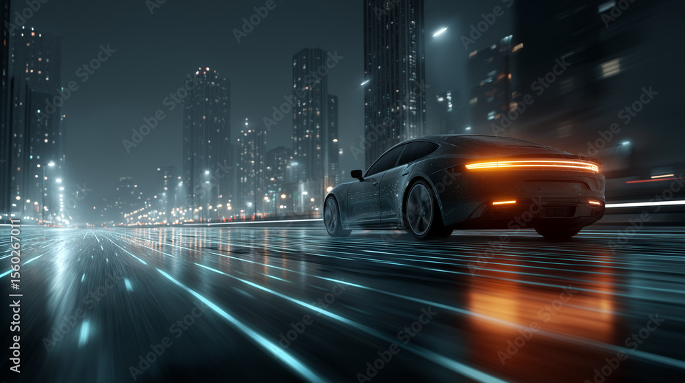 Fototapeta premium Vector illustration of a self-driving electric car on a smart highway