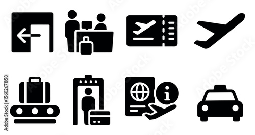 Travel and airport solid icon set. luggage, flight, passport icons solid collection