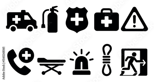 Emergency, safety solid icon set. ambulance, first aid, rescue tools solid collection