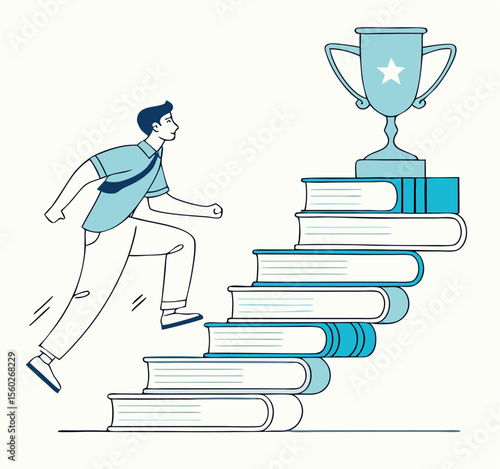 Man Running Up Books Staircase to Trophy: Success Illustration