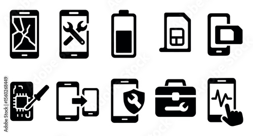 Mobile repair solid icon set. smartphone, battery, toolkit icons solid pack