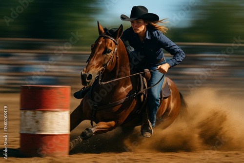 Competitor in rodeo barrels racing around obstacles during a sunny afternoon event in a large arena