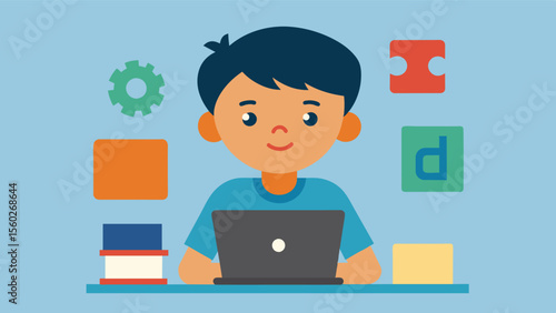 A child with dyslexia using a specially designed computer program that incorporates visual and auditory learning ods to help them read and retain information more effectively.. Vector illustration
