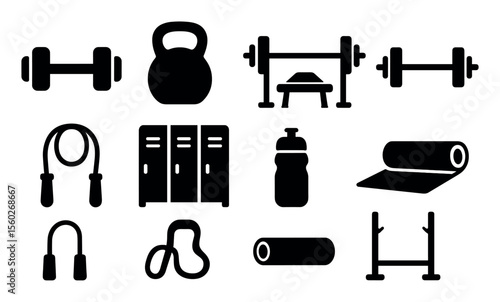 Gym and fitness silhouette icon set. workout equipment and exercise silhouettes