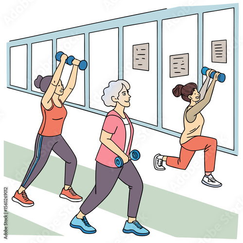 Three women exercising with dumbbells in a fitness class with posters on the wall in the background today
