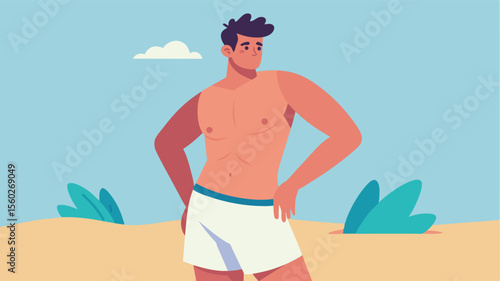 A man comfortably wears a crop top and shorts to the beach defying the societal expectation that only certain bodies belong in a .. Vector illustration