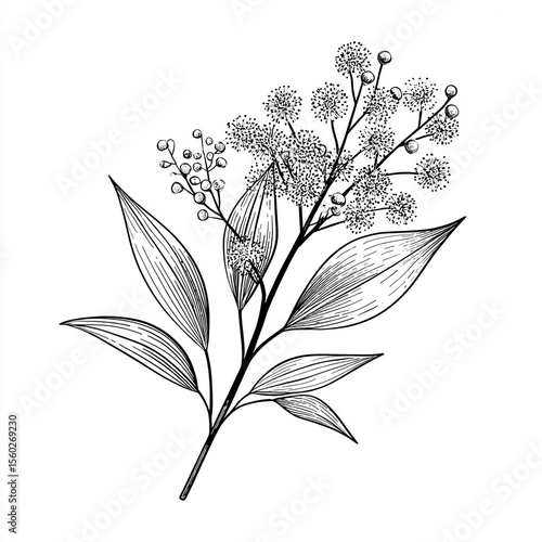 Black Line Art Drawing of Wattle Flower with Detailed Leaves