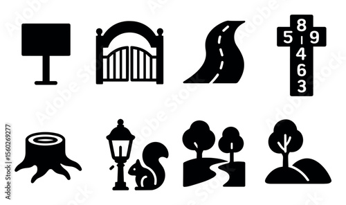 Outdoor and nature silhouette icon set. trees, animals, paths, signs silhouette collection