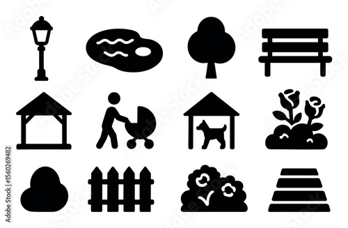 Park and recreation solid icon set. trees, benches, lakes and more in solid style