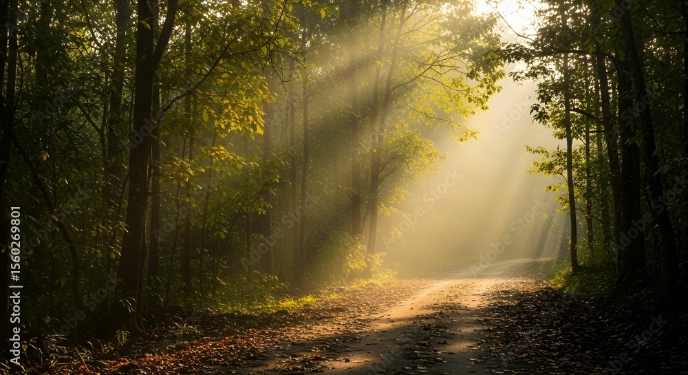 Obraz premium Sunlit Forest Path Curving Through Misty Trees with Golden Morning Glow and Scattered Leaves