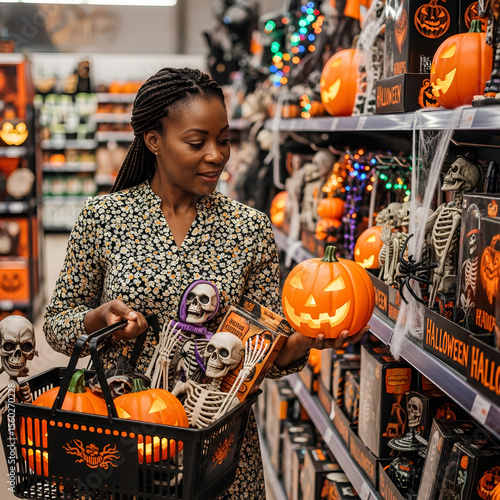 Smiling woman shopping for Halloween decorations, holding a basket of pumpkins and spooky items in a festive store aisle.