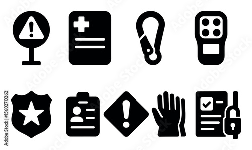 Safety and alert solid icon set. warning, protection symbols solid collection