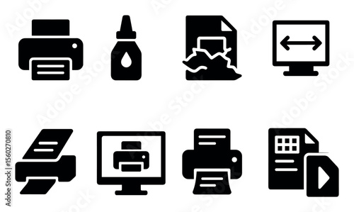 Office equipment solid icon set. printing, documentation, and digital tools collection