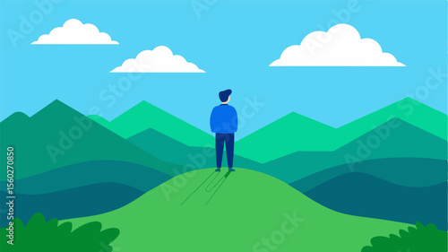 A person standing on top of a mountain looking out at a landscape of clear blue skies and green rolling hills symbolizing the sense of achievement and clarity that comes with. Vector illustration