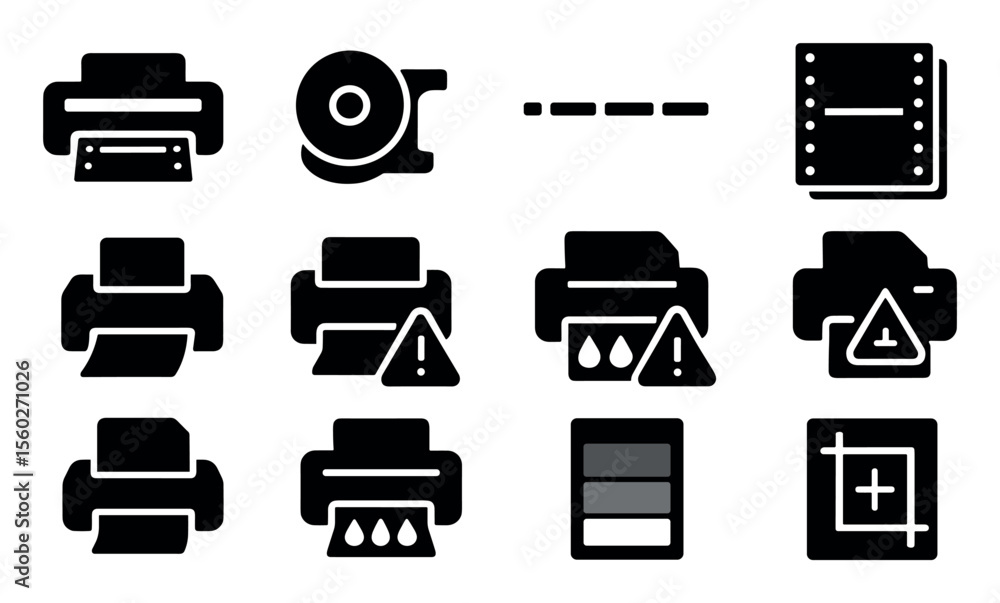 Obraz premium Printing, office silhouette icon set. paper, printer supplies icon collection