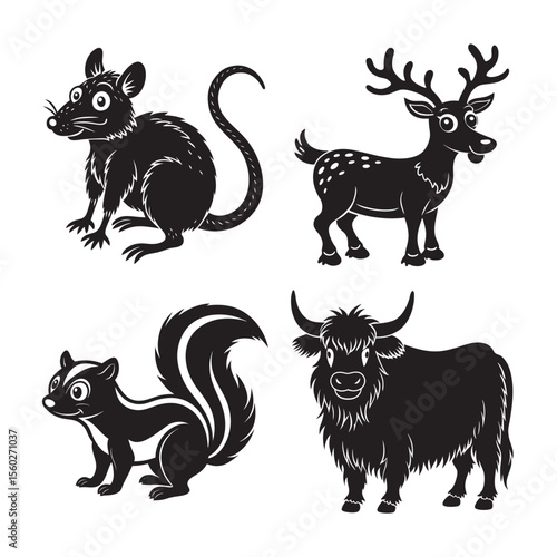 silhouette of black funny animal reindeer, rat, yak, set bundle on the white background  