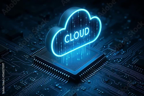 Futuristic Cloud Computing Concept with Neon Effect on Circuit Board Background and Digital Rain Elements