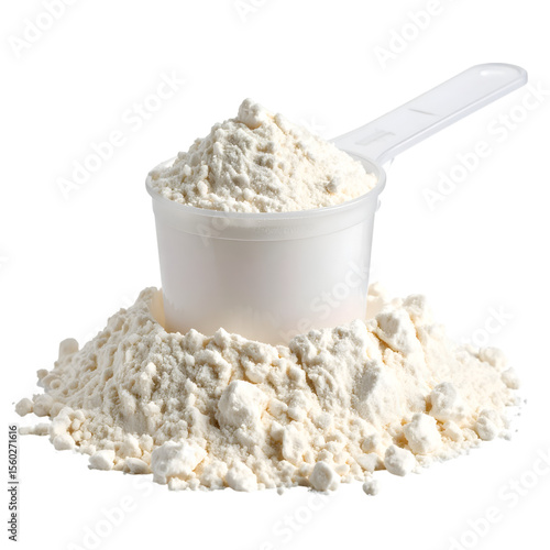 Whey Protein Powder with Scoop: Close-up shot of a scoop nestled in a mound of whey protein powder, perfect for fitness and nutrition-themed content.