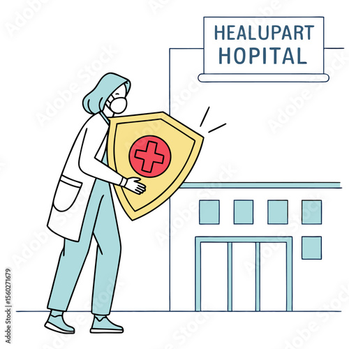 Illustration of a doctor holding a shield with a plus sign in front of a hospital building sign healupart hopital