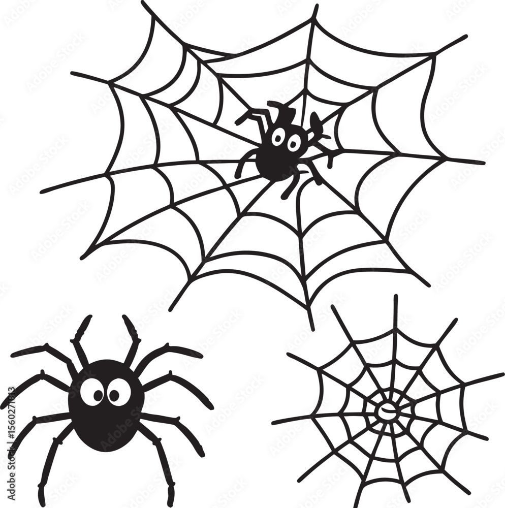 Cute cartoon spiders and a black spider web on a white background.